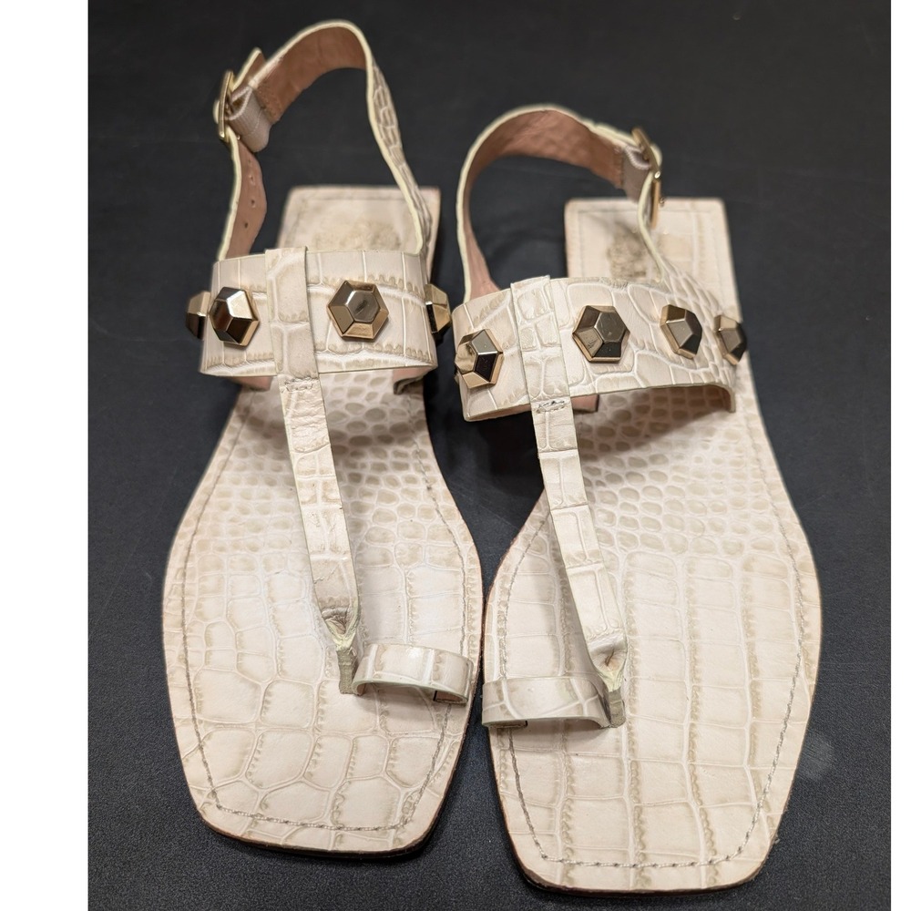 Vince Camuto Dailette Leather Cream Croc Embossed Studded Square Toe Sandals 8M - Picture 2 of 7